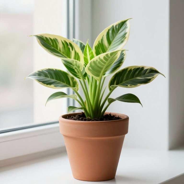 Aglaonema con hojas grandes moteadas en verde y crema en maceta de terracota
