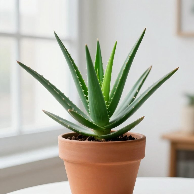 Planta de aloe vera con hojas gruesas y puntiagudas en maceta de terracota