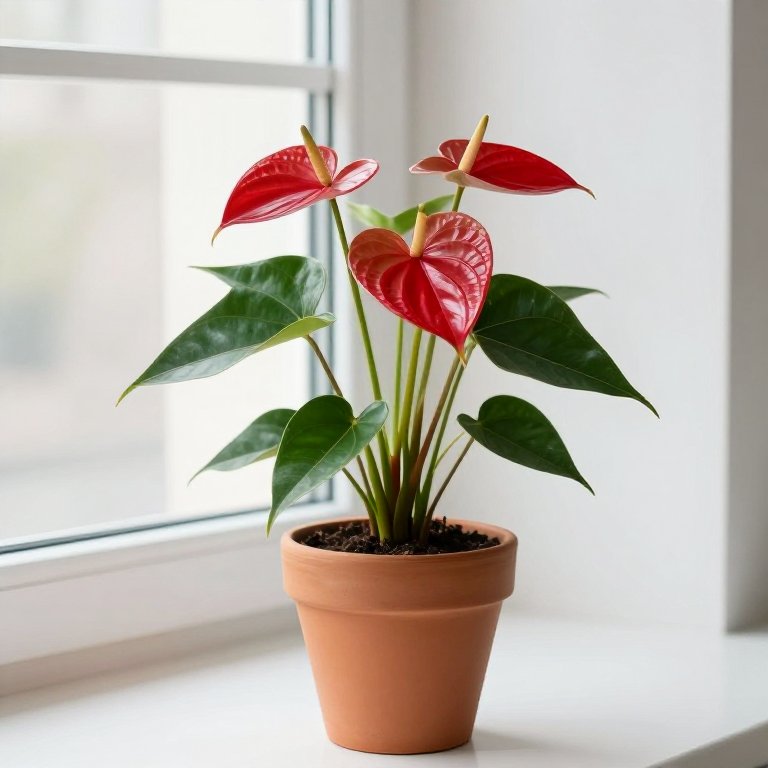 Anturio con espata roja brillante y hojas verdes en forma de corazón en maceta de terracota