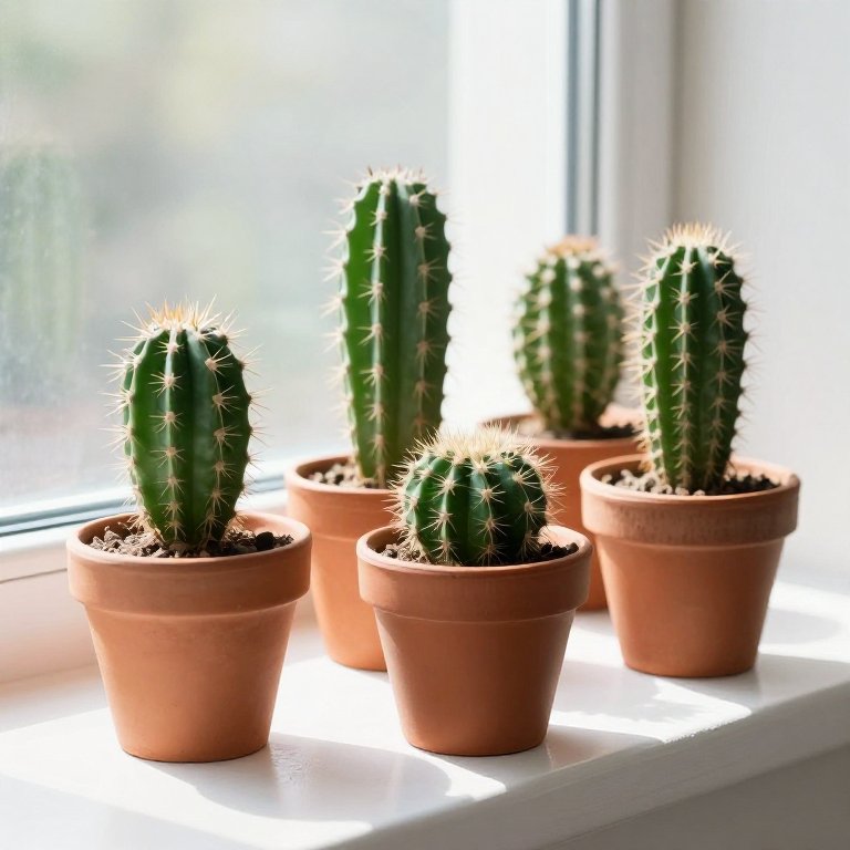 Varios cactus pequeños con espinas en macetas de terracota junto a una ventana soleada