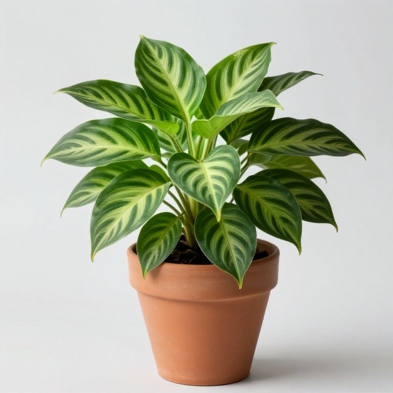 Calathea con hojas ovaladas y dibujos rayados en maceta de terracota