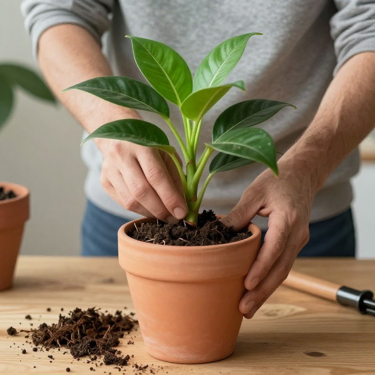 Manos trasplantando una planta de interior a una maceta nueva con sustrato