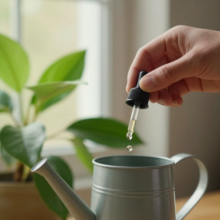 Mano añadiendo unas gotas de abono líquido a una regadera junto a plantas de interior