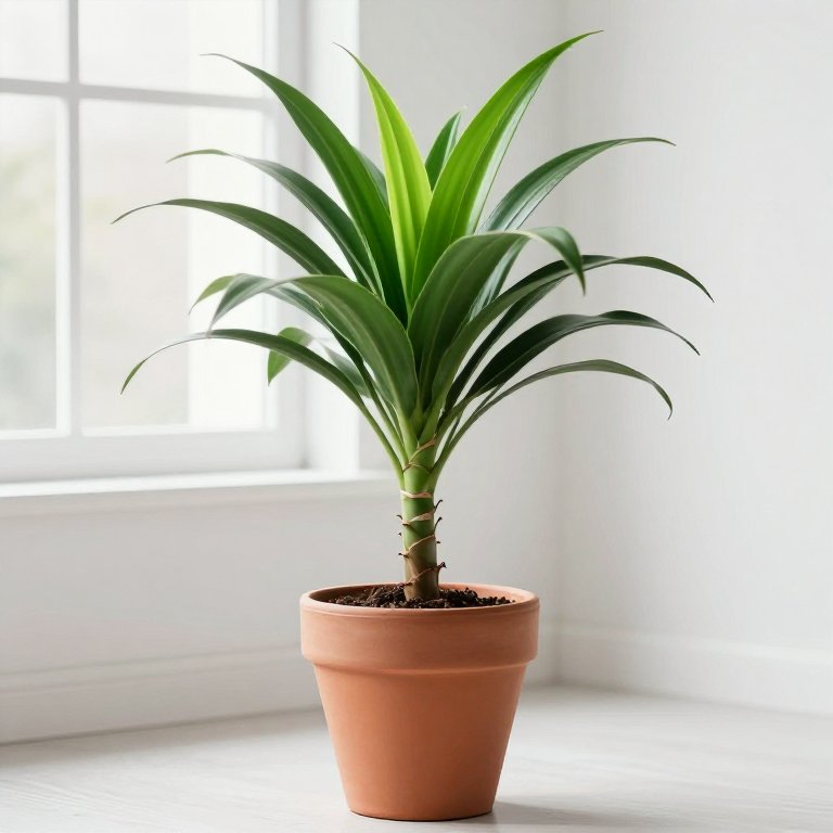 Dracaena fragrans con tronco leñoso y penacho de hojas largas verdes en maceta de terracota