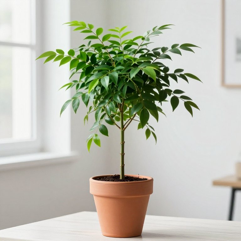 Ficus benjamina con copa densa de hojas pequeñas verdes en maceta de terracota