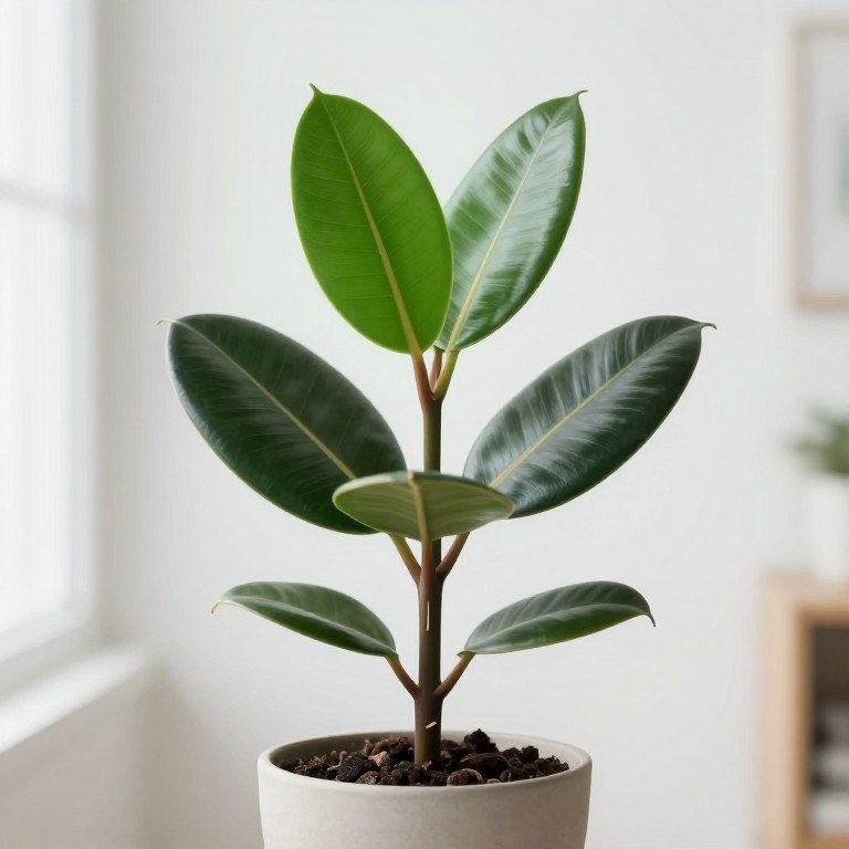Ficus elastica con hojas grandes ovaladas y brillantes verde oscuro en maceta de cerámica clara