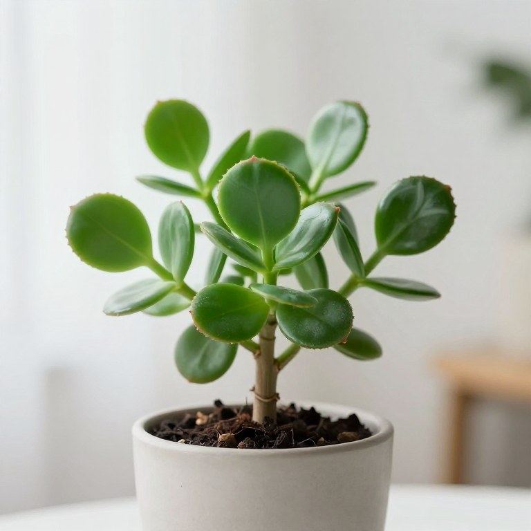 Árbol de jade con hojas redondeadas y carnosas verdes en maceta de cerámica clara
