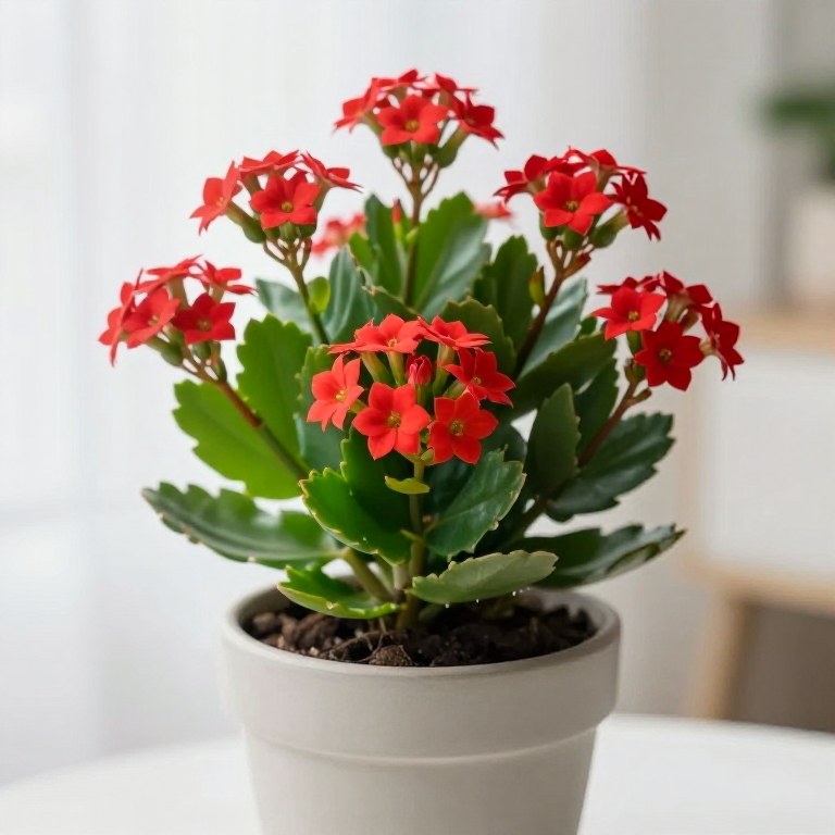 Kalanchoe con racimos de flores rojas y hojas verdes carnosas en maceta de cerámica clara