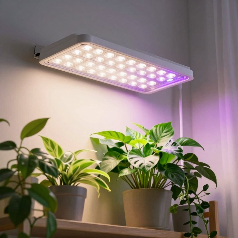 Foco LED de cultivo iluminando varias plantas de interior sobre una estantería