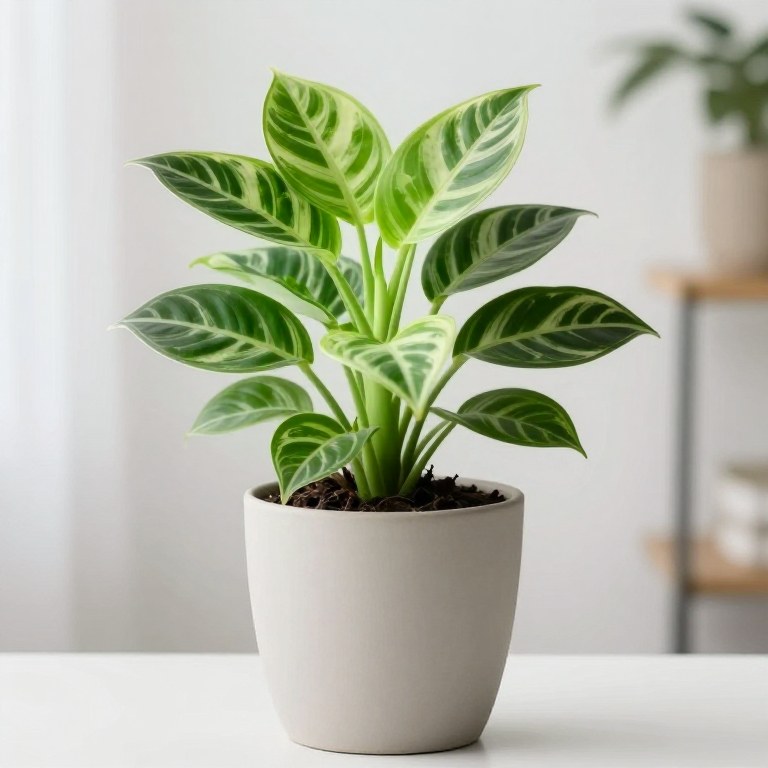 Maranta con hojas ovaladas verdes y rayas color crema en maceta de cerámica clara