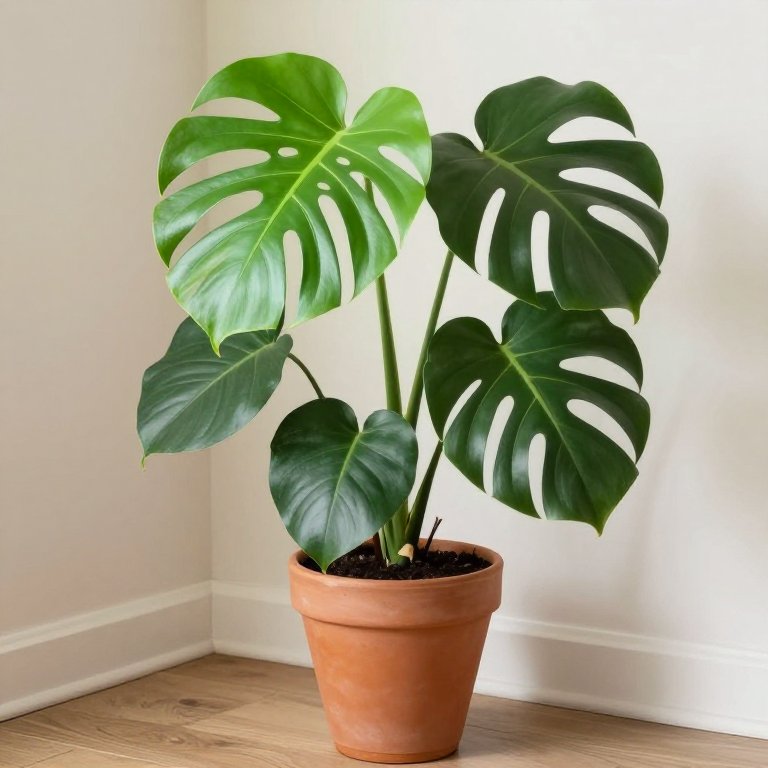 Monstera deliciosa con hojas grandes verdes y perforadas en maceta de terracota