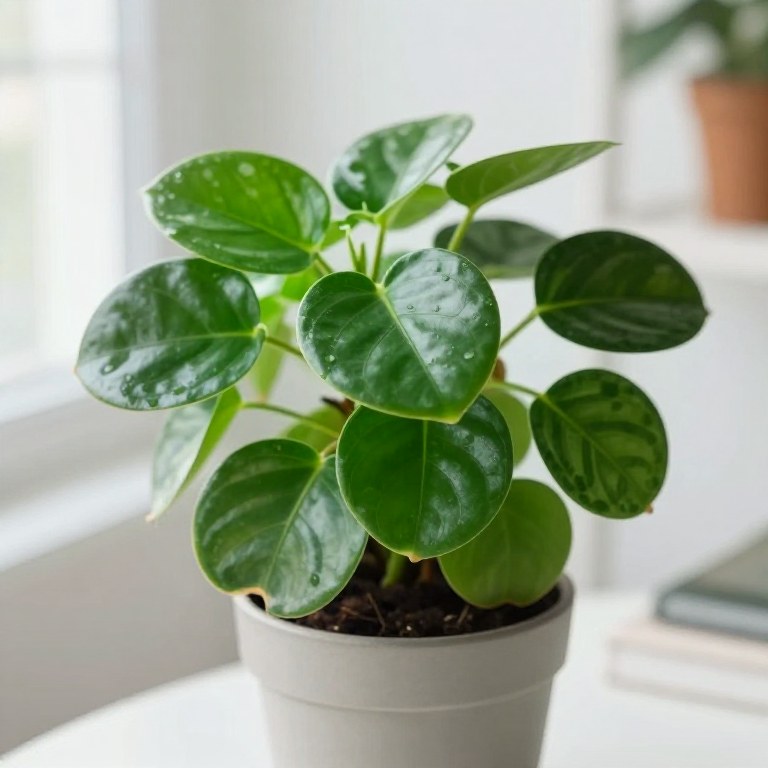 Peperomia con hojas redondeadas y carnosas verde oscuro en maceta gris clara