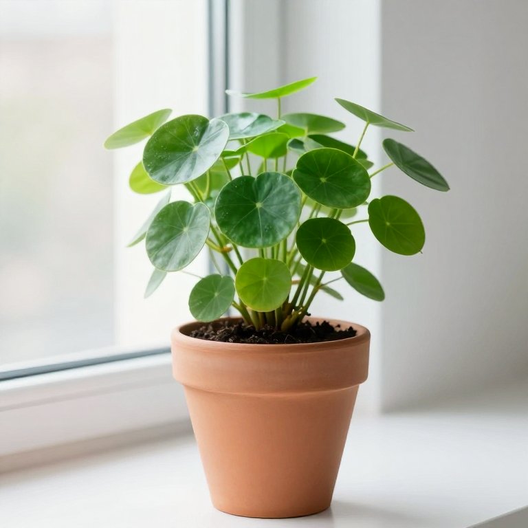 Pilea peperomioides con hojas redondas verdes sobre tallos finos en maceta de terracota