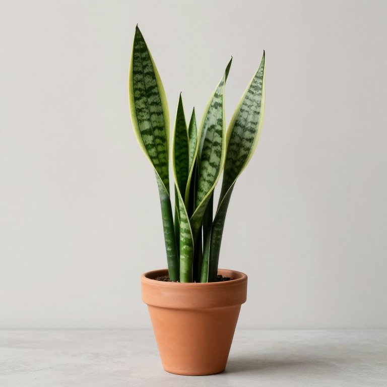 Sansevieria con hojas erguidas verdes y rayas en maceta de terracota