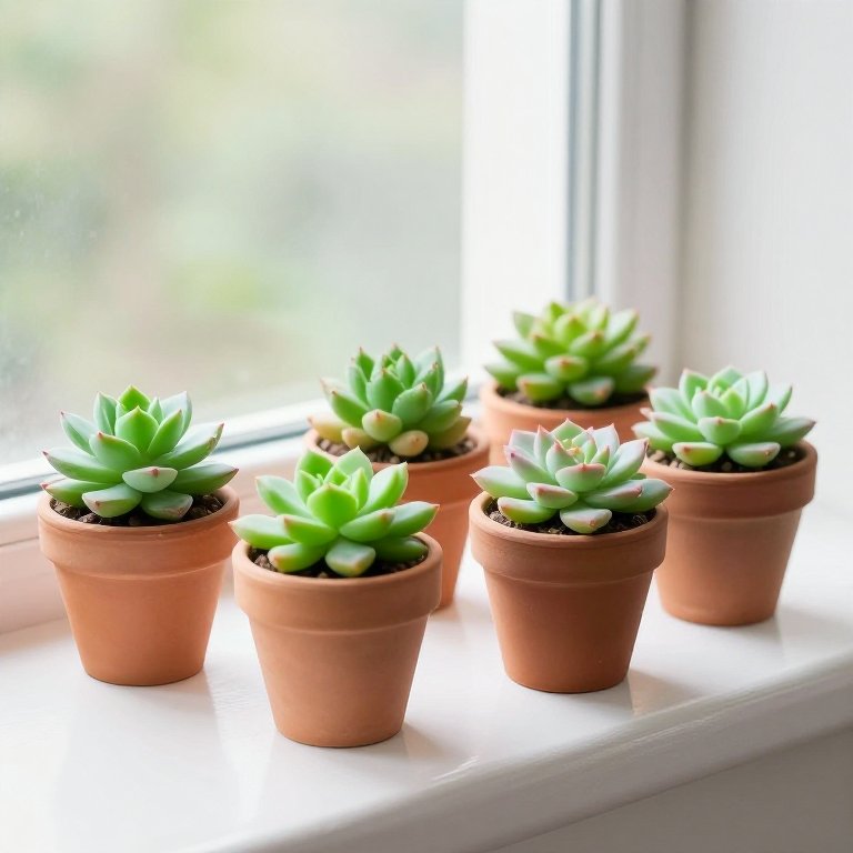 Suculentas de colores variados en pequeñas macetas de terracota junto a una ventana