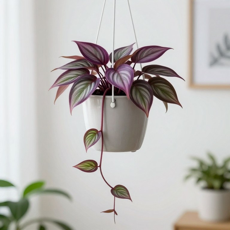 Tradescantia con hojas rayadas moradas y plateadas colgando de una maceta blanca